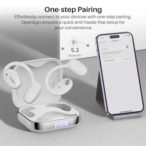 TOZO OpenEgo True Wireless Ochiq Quloq Eshitish vositasi, 5.3 Bluetooth Sport Quloqchinlari, 80 soatgacha raqamli displeyli, 32 EQ rejimi, qo'sh mikrofonli tiniq qo'ng'iroq, yugurish uchun terga chidamli, Snow White - 3