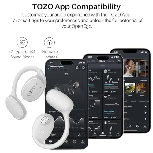 TOZO OpenEgo True Wireless Ochiq Quloq Eshitish vositasi, 5.3 Bluetooth Sport Quloqchinlari, 80 soatgacha raqamli displeyli, 32 EQ rejimi, qo'sh mikrofonli tiniq qo'ng'iroq, yugurish uchun terga chidamli, Snow White - 5