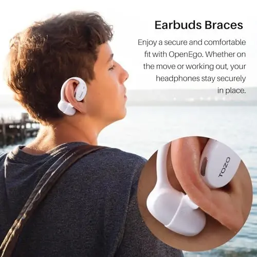 TOZO OpenEgo True Wireless Ochiq Quloq Eshitish vositasi, 5.3 Bluetooth Sport Quloqchinlari, 80 soatgacha raqamli displeyli, 32 EQ rejimi, qo'sh mikrofonli tiniq qo'ng'iroq, yugurish uchun terga chidamli, Snow White - 6