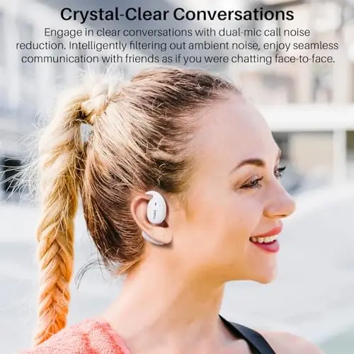 TOZO OpenEgo True Wireless Ochiq Quloq Eshitish vositasi, 5.3 Bluetooth Sport Quloqchinlari, 80 soatgacha raqamli displeyli, 32 EQ rejimi, qo'sh mikrofonli tiniq qo'ng'iroq, yugurish uchun terga chidamli, Snow White - 7