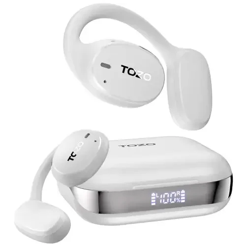 TOZO OpenEgo True Wireless Ochiq Quloq Eshitish vositasi, 5.3 Bluetooth Sport Quloqchinlari, 80 soatgacha raqamli displeyli, 32 EQ rejimi, qo'sh mikrofonli tiniq qo'ng'iroq, yugurish uchun terga chidamli, Snow White - 1