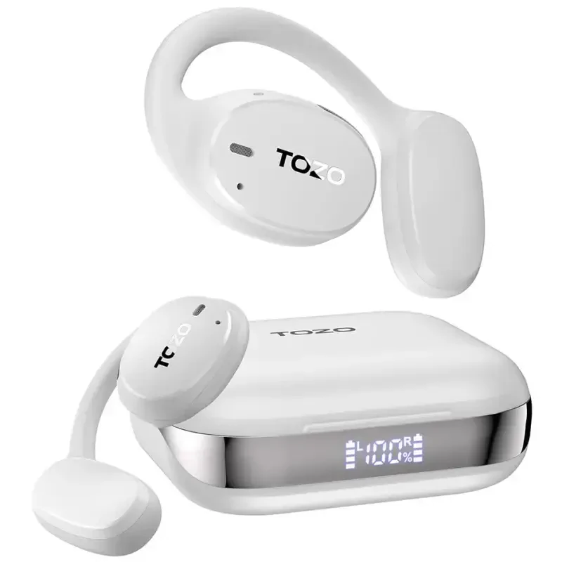 TOZO OpenEgo True Wireless Open Ear Headphone, 5.3 Bluetooth Sport Earbuds with Earhooks for 80H Playback with Digital Display, 32 EQ Modes Dual Mic Clear Call Sweat-Proof for Running, Snow White - 1