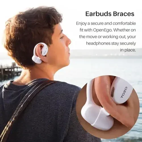 TOZO OpenEgo True Wireless Open Ear Headphone, 5.3 Bluetooth Sport Earbuds with Earhooks for 80H Playback with Digital Display, 32 EQ Modes Dual Mic Clear Call Sweat-Proof for Running, Snow White - 6