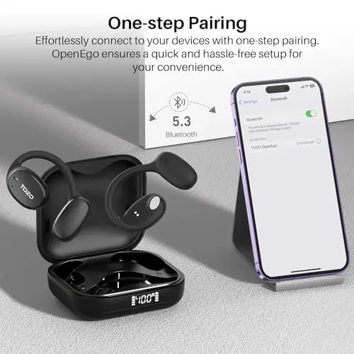 TOZO OpenEgo True Wireless Open Ear Headphone, 5.3 Bluetooth Sport Earbuds with Earhooks for Long Time Playback with Digital Display, Dual Mic Clear Call Sweat-Proof for Running Workout - 1