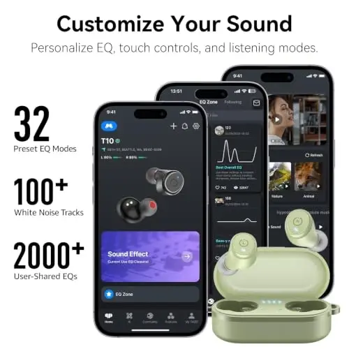 TOZO T10 Bluetooth 5.3 Simsiz Quloqchinlar, Chuqur Bass Stereo, 55 Soat O'ynash Vaqti, Ilova EQ Moslashuvi, Simsiz Quvvatlash Qutisi, IPX8 Suvga Chidamli, Ichki Quloqchinlar uchun Ergonomik Moslama - 5
