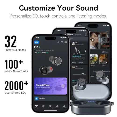 TOZO T10 (Ergonomic Edition) Wireless Earbuds, Bluetooth 5.3 Headphones, App Customize EQ, Ergonomic Design, 55H Playtime, Wireless Charging Case, IPX8 Waterproof Sound in-Ear Headset, 2024 New Version - 5