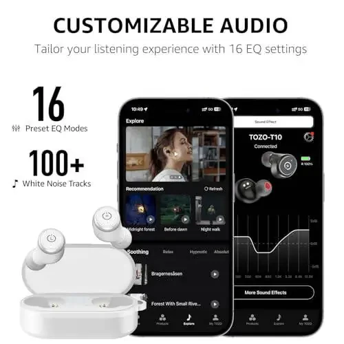 TOZO T10 (Ergonomic Edition) Wireless Earbuds Bluetooth 5.3 Headphones, App Customize EQ, Ergonomic Design, 55H Playtime, Wireless Charging Case, IPX8 Waterproof Sound in-Ear Headset, 2024 New Version - 8
