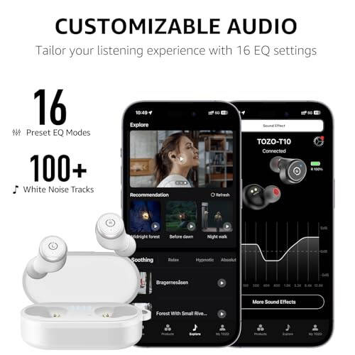 TOZO T10 (Ergonomik Nashr) Simsiz Quloqchinlar Bluetooth 5.3, Ilova Orqali Sozlashtiriladigan EQ, Ergonomik Dizayn, 55 soat Davom Etish Vaqti, Simsiz Zaryadlash Qutisi, IPX8 Su o'tkazmaydigan Quloq ichidagi Quloqchin, 2024-yilgi Yangi Nashr - 8