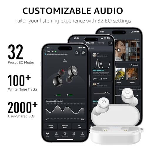 TOZO T10 (Ergonomik Nashr) Simsiz Quloqchinlar Bluetooth 5.3, Ilova Orqali Sozlashtiriladigan EQ, Ergonomik Dizayn, 55 soat Davom Etish Vaqti, Simsiz Zaryadlash Qutisi, IPX8 Su o'tkazmaydigan Quloq ichidagi Quloqchin, 2024-yilgi Yangi Nashr - 5