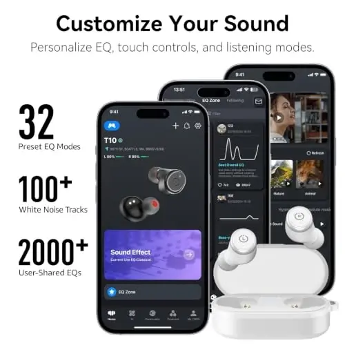 TOZO T10 (Ergonomik Nashr) Simsiz Quloqchinlar Bluetooth 5.3, Ilova Orqali Sozlashtiriladigan EQ, Ergonomik Dizayn, 55 soat Davom Etish Vaqti, Simsiz Zaryadlash Qutisi, IPX8 Su o'tkazmaydigan Quloq ichidagi Quloqchin, 2024-yilgi Yangi Nashr - 2