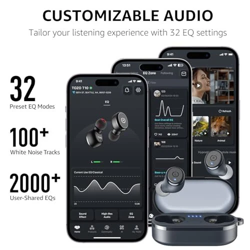 TOZO T10 (Ergonomik Nashr) Simsiz Quloqchinlar, Bluetooth 5.3, Ilova orqali Sozlashtirilgan EQ, Ergonomik Dizayn, 55 soat o'ynash vaqti, Simsiz Zaryadlash Korpusi, IPX8 Su o'tkazmaydigan Quloq ichiga Quloqchin, 2024 Yilgi Yangi Nashr - 5