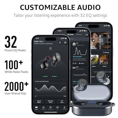 TOZO T10 Wireless Earbuds Bluetooth 5.3 Headphones, App Customize EQ, Ergonomic Design, 55H Playtime, Wireless Charging Case, IPX8 Waterproof Sound in-Ear Headset, 2025 New Version - 5