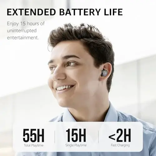 TOZO T10 (Klassik Nashr) Bluetooth 5.3 Simsiz Quloqchinlar, Simsiz Zaryadlash Qutisi bilan, IPX8 Suv O'tkazmaydigan Stereo Quloqchin, Quloq Ichida, O'rnatilgan Mikrofonli Garniтура, Chuqur Bassli Premium Ovoz, Sport Uchun Qora - 3