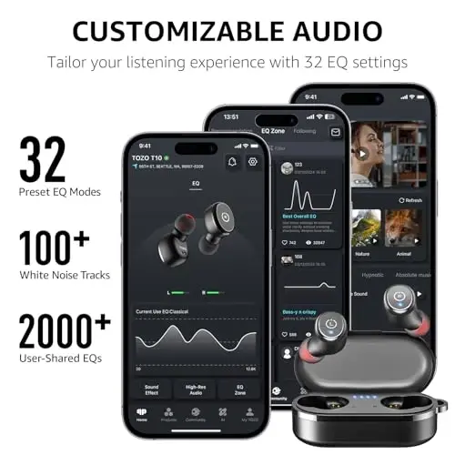 TOZO T10 (Klassik Nashr) Bluetooth 5.3 Simsiz Quloqchinlar, Simsiz Zaryadlash Qutisi bilan, IPX8 Suv O'tkazmaydigan Stereo Quloqchin, Quloq Ichida, O'rnatilgan Mikrofonli Garniтура, Chuqur Bassli Premium Ovoz, Sport Uchun Qora - 6