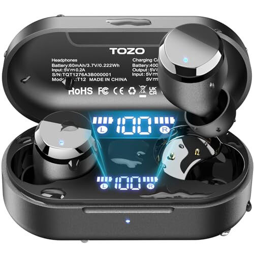 TOZO T12 (Kompakt Ergonomik Nashri) Simsiz Quloqchinlar Bluetooth 5.3 Quloqchinlar, Qo'ng'iroq ENC Shovqinni Bekitish Mikrofoni, 55 soat Davom Etuvchi O'yin Vaqti Ilova Tanlash EQ IPX8 Su O'tkazmaydigan LED Raqamli Displey Premium Ovozli Quloqchin - TOZO