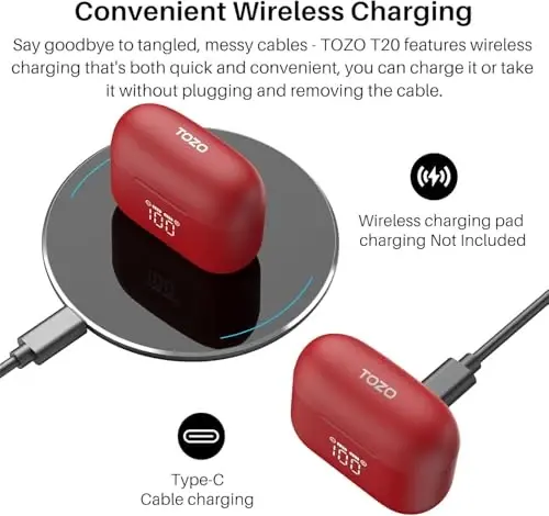 TOZO T20 Wireless Earbuds Bluetooth Headphones 48.5 Hrs Playtime with LED Digital Display, IPX8 Waterproof, Dual Mic Call Noise Cancelling 10mm Broad Range Speakers with Wireless Charging Case - 4