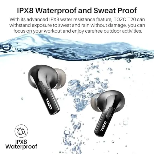 TOZO T20 Simsiz Quloqchinlar Bluetooth Naushniklar 48.5 Soat LED Raqamli Displey bilan O'yin Vaqti, IPX8 Suvga chidamli, Ikki Mikrofonli Qo'ng'iroq shovqinni bekor qilish 10mm Keng diapazonli dinamiklar, 2025 Versiya - 6
