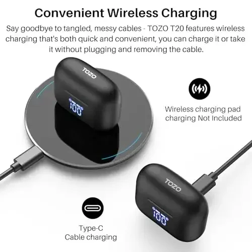 TOZO T20 Simsiz Quloqchinlar Bluetooth Naushniklar 48.5 Soat LED Raqamli Displey bilan O'yin Vaqti, IPX8 Suvga chidamli, Ikki Mikrofonli Qo'ng'iroq shovqinni bekor qilish 10mm Keng diapazonli dinamiklar, 2025 Versiya - 5