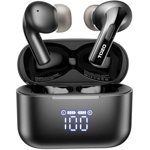 TOZO T20 Wireless Earbuds Bluetooth Headphones 48.5 Hrs Playtime with LED Digital Display, IPX8 Waterproof, Dual Mic Call Noise Cancelling 10mm Broad Range Speakers with Wireless Charging Case - 2