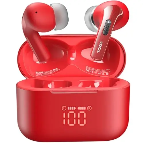 TOZO T20 simsiz quloqchinlari Bluetooth naushniklari 48,5 soat LED raqamli displey bilan o'yin vaqti, IPX8 suv o'tkazmaydigan, qo'sh mikrofonli qo'ng'iroq shovqinini bekor qilish 10 mm keng diapazonli dinamiklar simsiz zaryadlash qutisi bilan 