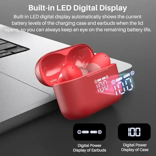TOZO T20 simsiz quloqchinlari Bluetooth naushniklari 48,5 soat LED raqamli displey bilan o'yin vaqti, IPX8 suv o'tkazmaydigan, qo'sh mikrofonli qo'ng'iroq shovqinini bekor qilish 10 mm keng diapazonli dinamiklar simsiz zaryadlash qutisi bilan - 2