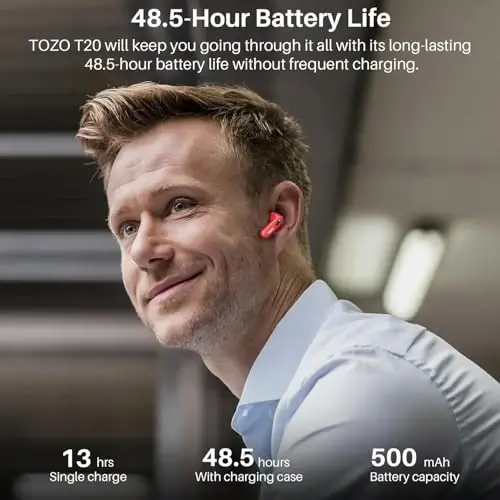 TOZO T20 simsiz quloqchinlari Bluetooth naushniklari 48,5 soat LED raqamli displey bilan o'yin vaqti, IPX8 suv o'tkazmaydigan, qo'sh mikrofonli qo'ng'iroq shovqinini bekor qilish 10 mm keng diapazonli dinamiklar simsiz zaryadlash qutisi bilan - 6