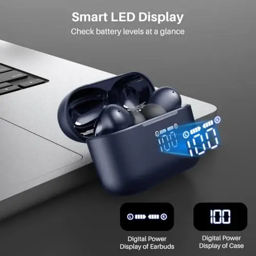 TOZO T20 Wireless Earbuds 97H Playtime, Wireless Charging LED Display Case | 10mm Deep Bass Sound, Dual Mic ENC Clear Calls, IPX8 Waterproof, Bluetooth 5.3, Comfortable Fit Ear Buds For Daily Use, Blue - TOZO (1)