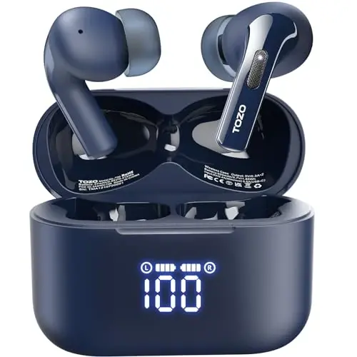 TOZO T20 Wireless Earbuds 97H Playtime, Wireless Charging LED Display Case | 10mm Deep Bass Sound, Dual Mic ENC Clear Calls, IPX8 Waterproof, Bluetooth 5.3, Comfortable Fit Ear Buds For Daily Use, Blue - 1