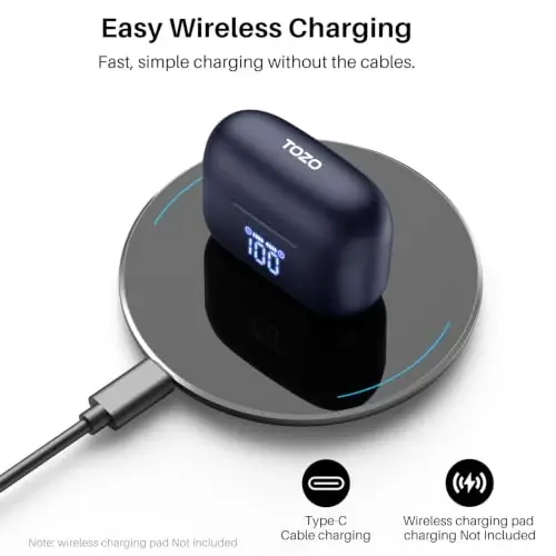 TOZO T20 Wireless Earbuds 97H Playtime, Wireless Charging LED Display Case | 10mm Deep Bass Sound, Dual Mic ENC Clear Calls, IPX8 Waterproof, Bluetooth 5.3, Comfortable Fit Ear Buds For Daily Use, Blue - 4
