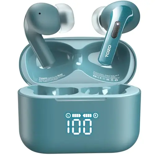 TOZO T20 Wireless Earbuds 97H Playtime, Wireless Charging LED Display Case | 10mm Deep Bass Sound, Dual Mic ENC Clear Calls, IPX8 Waterproof, Bluetooth 5.3, Comfortable Fit Ear Buds For Daily Use, Green - 1