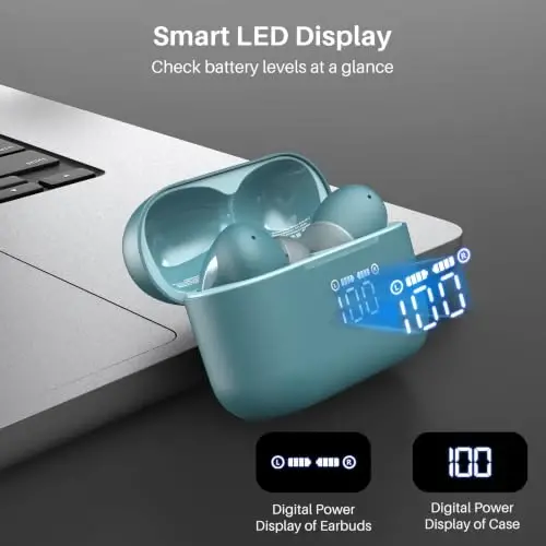 TOZO T20 Wireless Earbuds 97H Playtime, Wireless Charging LED Display Case | 10mm Deep Bass Sound, Dual Mic ENC Clear Calls, IPX8 Waterproof, Bluetooth 5.3, Comfortable Fit Ear Buds For Daily Use, Green - 2