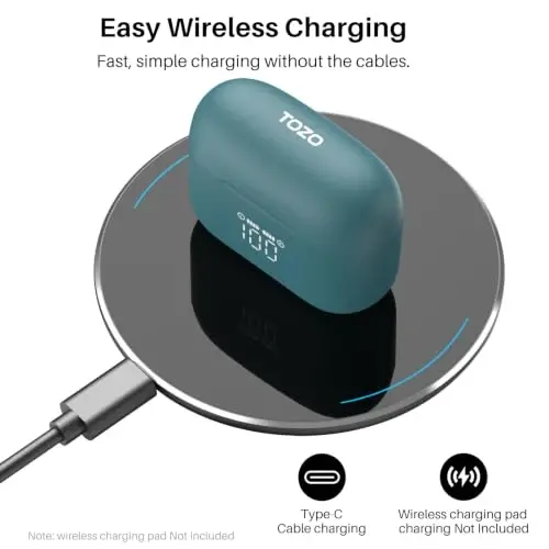 TOZO T20 Wireless Earbuds 97H Playtime, Wireless Charging LED Display Case | 10mm Deep Bass Sound, Dual Mic ENC Clear Calls, IPX8 Waterproof, Bluetooth 5.3, Comfortable Fit Ear Buds For Daily Use, Green - 4