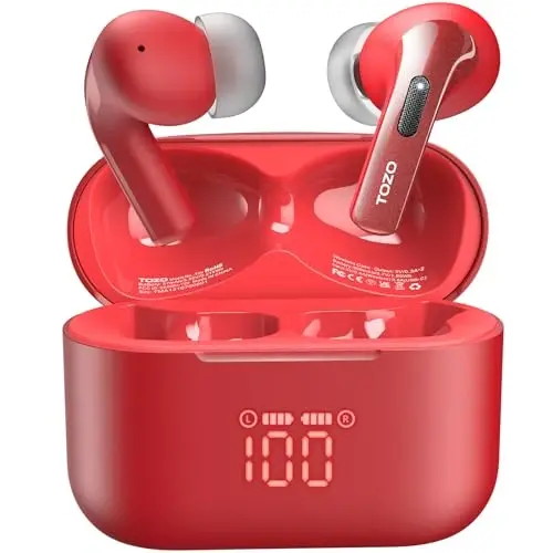 TOZO T20 Wireless Earbuds 97H Playtime, Wireless Charging LED Display Case | 10mm Deep Bass Sound, Dual Mic ENC Clear Calls, IPX8 Waterproof, Bluetooth 5.3, Comfortable Fit Ear Buds For Daily Use, Red - 1