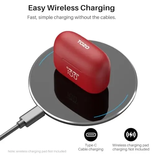 TOZO T20 Wireless Earbuds 97H Playtime, Wireless Charging LED Display Case | 10mm Deep Bass Sound, Dual Mic ENC Clear Calls, IPX8 Waterproof, Bluetooth 5.3, Comfortable Fit Ear Buds For Daily Use, Red - 4