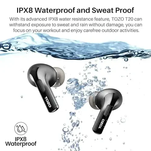 TOZO T20 Wireless Earbuds Bluetooth Headphones 48.5 Hrs Playtime with LED Digital Display, IPX8 Waterproof, Dual Mic Call Noise Cancelling 10mm Broad Range Speakers, 2025 Version - 6