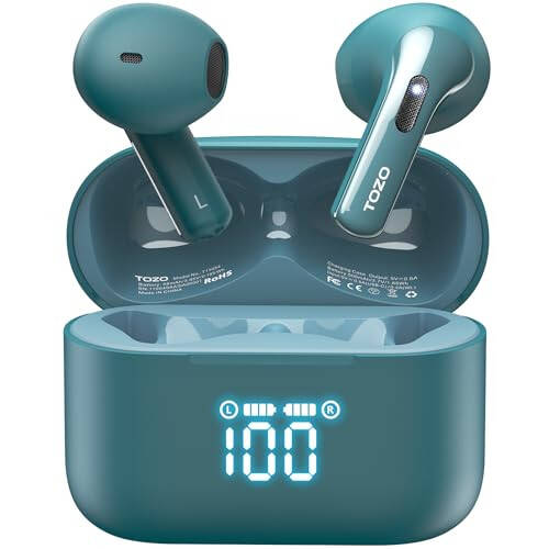 TOZO T21 Wireless Earbuds Bluetooth 5.3 in Ear Headphones Dual Mic Call Noise Cancelling IPX8 Waterproof 44H Playback Stereo Sound with LED Display Wireless Charging Case 32 EQs via APP Green - 1