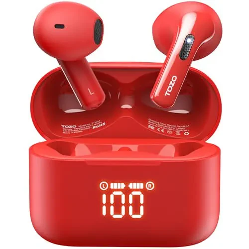 TOZO T21 Wireless Earbuds Bluetooth 5.3 in Ear Headphones Dual Mic Call Noise Cancelling IPX8 Waterproof 44H Playback Stereo Sound with LED Display Wireless Charging Case 32 EQs via APP Red 