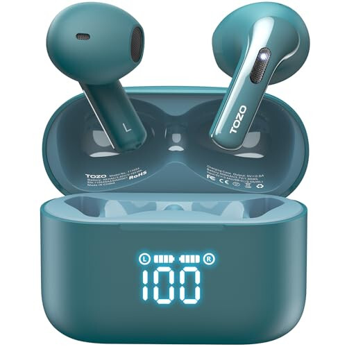 TOZO T21 Wireless Earbuds Bluetooth 5.3 in Ear Headphones Dual Mic Call Noise Cancelling IPX8 Waterproof 44H Playback Stereo Sound with LED Display Wireless Charging Case 32 EQs via APP Green - 1