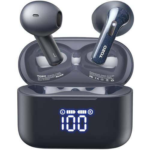 TOZO T21 Kablosuz Kulaklıklar, 5.3 Bluetooth Kulaklık, Kulak İçi Çift Mikrofonlu Gürültü Önleyici, IPX8 Su Geçirmez, 44 Saat Oynatma Stereo Ses, Güç Göstergeli Kablosuz Şarj Kutusu Mavi - 1