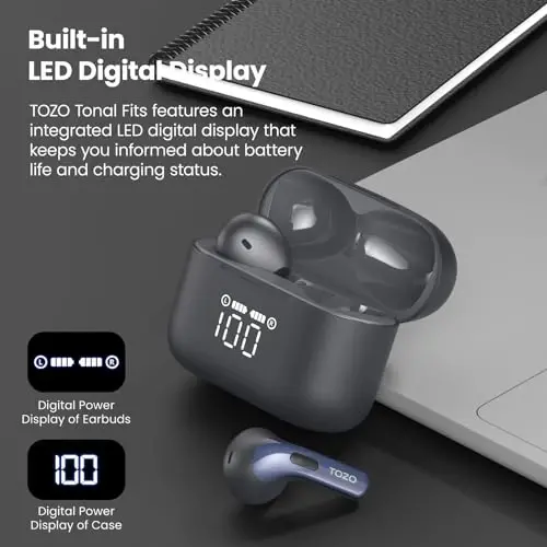 TOZO T21 Wireless Earbuds Bluetooth 5.3 in Ear Headphones Dual Mic Call Noise Cancelling IPX8 Waterproof 44H Playback Stereo Sound with LED Display Wireless Charging Case 32 EQs via APP Blue - 2