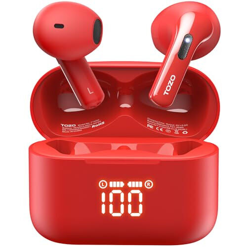 TOZO T21 Simsiz Quloqchinlar, 5.3 Bluetooth Quloqchin, Ikkita Mikrofonli Shovqinni Bekitish, Quloq Ichiga, IPX8 Su O'tkazmaydigan, 44 soat Davom etadigan Stereo Ovoz, Quvvat Ko'rsatkichli Simsiz Zaryadlash Korpusi bilan, Qizil - TOZO