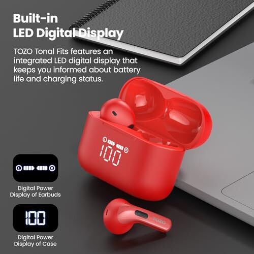 TOZO T21 Simsiz Quloqchinlar, 5.3 Bluetooth Quloqchin, Ikkita Mikrofonli Shovqinni Bekitish, Quloq Ichiga, IPX8 Su O'tkazmaydigan, 44 soat Davom etadigan Stereo Ovoz, Quvvat Ko'rsatkichli Simsiz Zaryadlash Korpusi bilan, Qizil - TOZO (1)