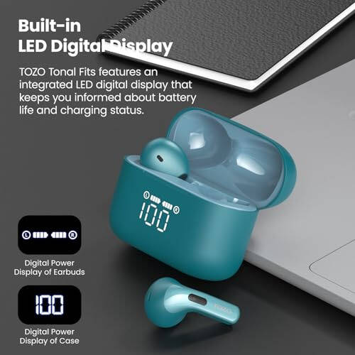 TOZO T21 Wireless Earbuds Bluetooth 5.3 in Ear Headphones Dual Mic Call Noise Cancelling IPX8 Waterproof 44H Playback Stereo Sound with LED Display Wireless Charging Case 32 EQs via APP Green - 2