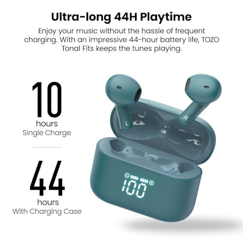 TOZO T21 Wireless Earbuds Bluetooth 5.3 in Ear Headphones Dual Mic Call Noise Cancelling IPX8 Waterproof 44H Playback Stereo Sound with LED Display Wireless Charging Case 32 EQs via APP Green - 5