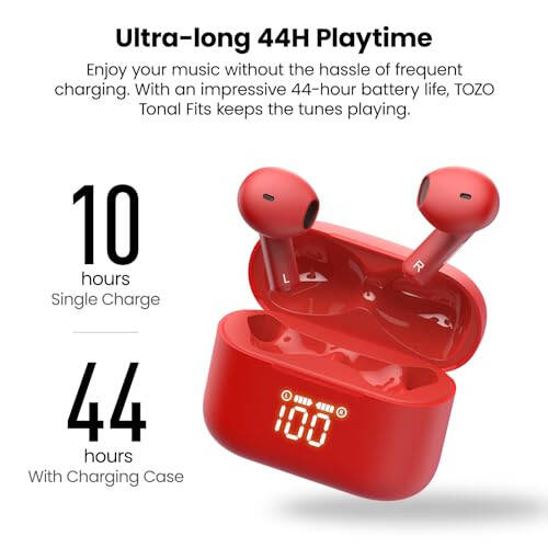 TOZO T21 Wireless Earbuds Bluetooth 5.3 in Ear Headphones Dual Mic Call Noise Cancelling IPX8 Waterproof 44H Playback Stereo Sound with LED Display Wireless Charging Case 32 EQs via APP Red - 5