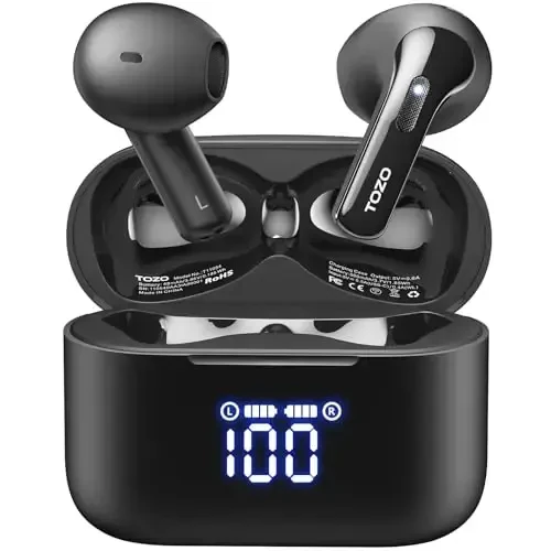 TOZO T21 Wireless Earbuds Bluetooth 5.3 in Ear Headphones Dual Mic Call Noise Cancelling IPX8 Waterproof 44H Playback Stereo Sound with LED Display Wireless Charging Case 32 EQs via APP Black - 1