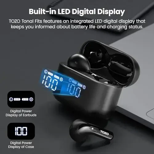 TOZO T21 Wireless Earbuds Bluetooth 5.3 in Ear Headphones Dual Mic Call Noise Cancelling IPX8 Waterproof 44H Playback Stereo Sound with LED Display Wireless Charging Case 32 EQs via APP Black - TOZO (1)