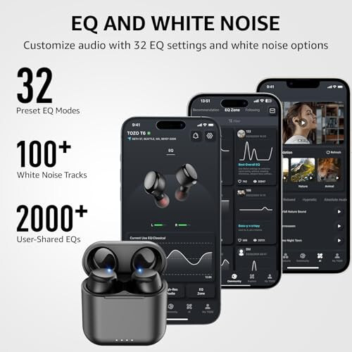 TOZO T6 (Ergonomik Sürüm) Kablosuz Kulaklıklar Bluetooth 5.3 Kulaklıklar, Ergonomik Tasarım Kulak İçi Kulaklık, 50 Saat Oynatma Süresi Kablosuz Şarj Çantası ile, Uygulama EQ Özelleştirilebilir, IPX8 Su Geçirmez, 2024 Versiyon - 6