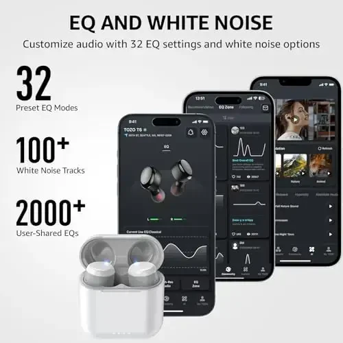 TOZO T6 Wireless Earbuds, IPX8 Waterproof Ear Buds, Stereo Bass Sound Bluetooth 5.3 Headphones in Ear, 50 Hours Playtime Earphones, Wireless Charging Case, Custom 32 EQ via APP - 3
