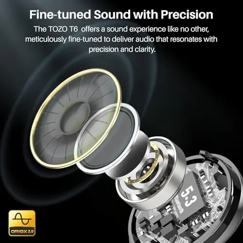 TOZO T6 Wireless Earbuds, Bluetooth 5.3 Ear Buds, Stereo Sound in Ear Headphones, 50 Hours Playtime, Wireless Charging Case, APP Customizable EQs, IPX8 Waterproof Earphones - TOZO (1)